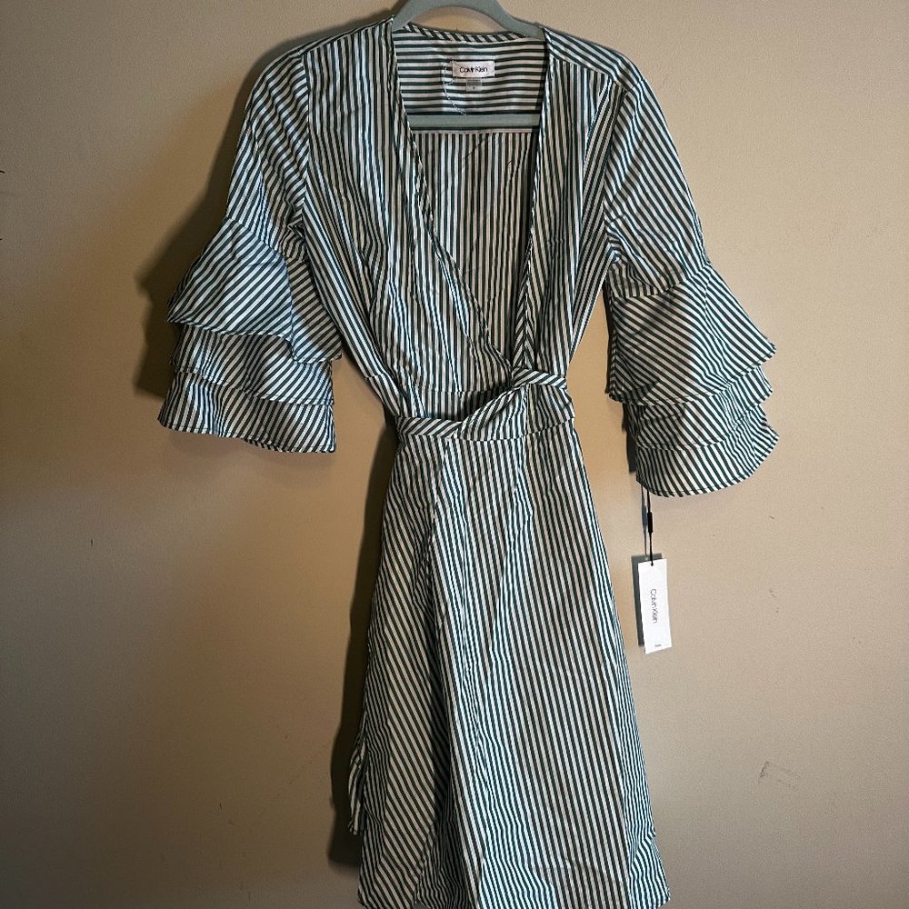 Calvin Klein Green Stripped Wrap Dress NWT